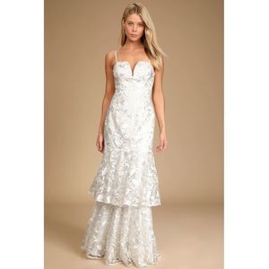 NEW Lulu’s Elegant Ways White Floral Embroidered Tiered Maxi- NWT Bridal Wedding